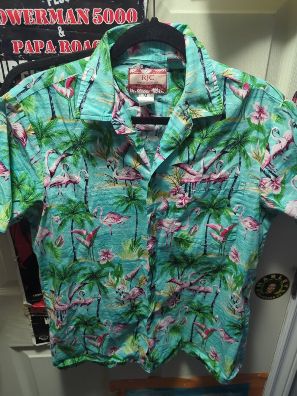 RJC Floral Pink Flamingo Aloha Hawaiian S/S Shirt Men's Medium Med M Made In USA